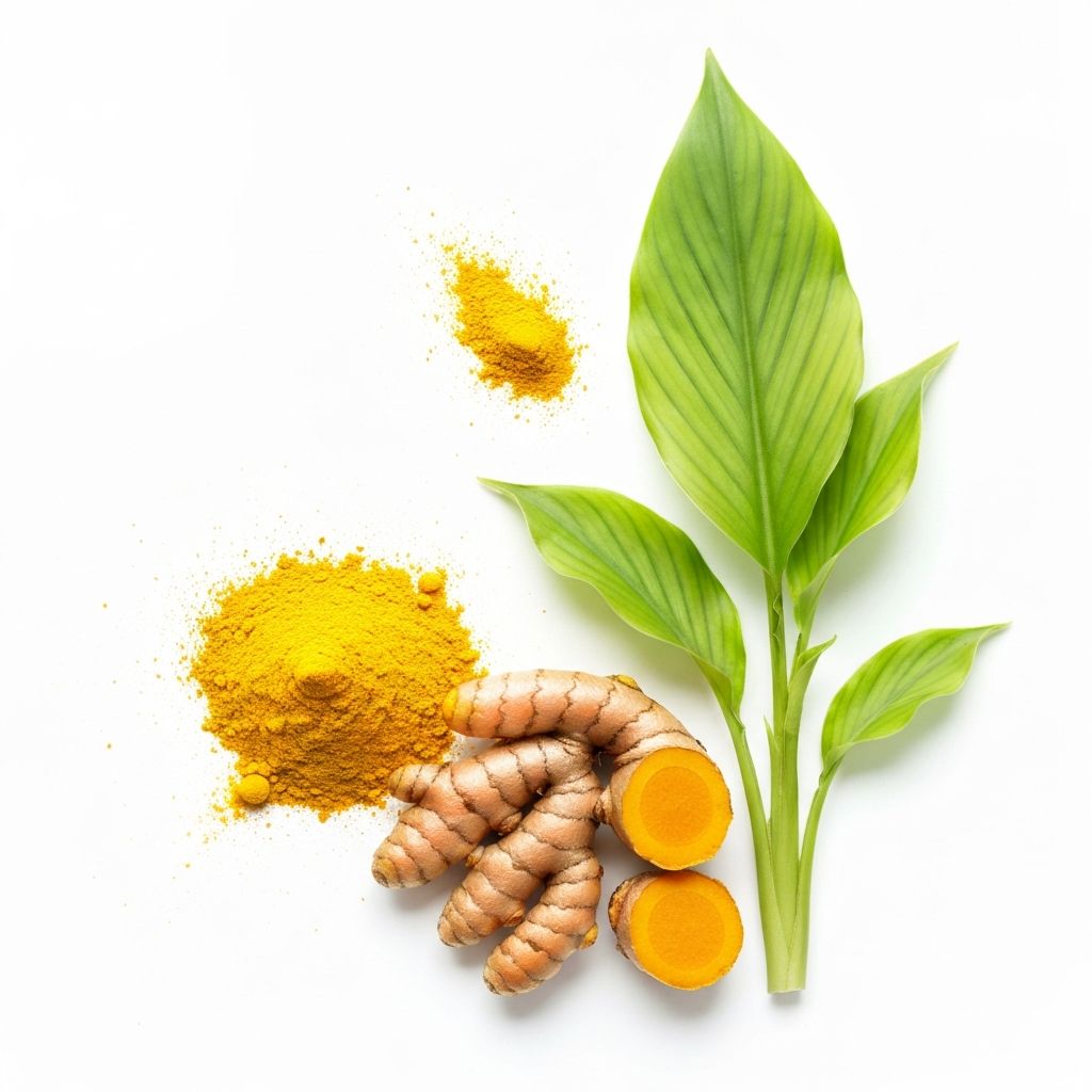 Golden turmeric root with powder and plant